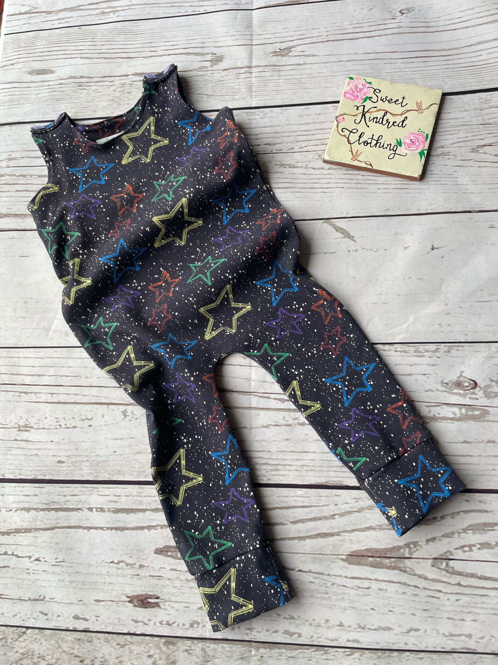 Rainbow stars romper, unisex kids clothing, colourful stars - Image 2