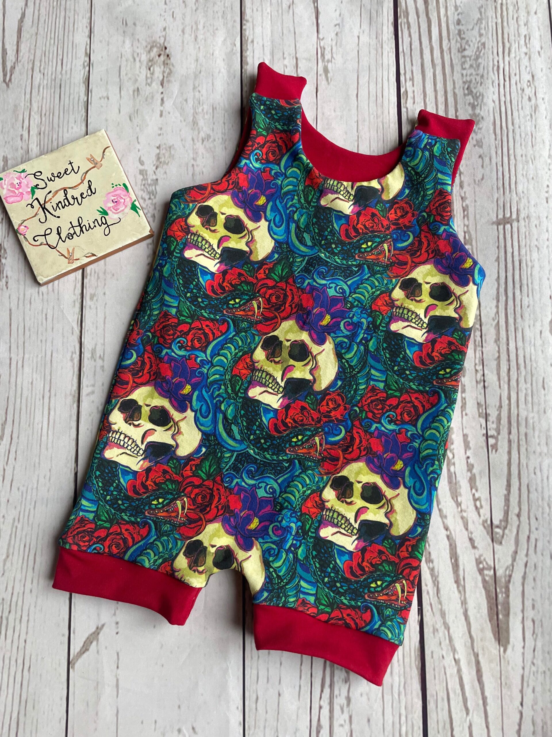 Skull and rose romper, skull summer romper, rose romper, gender neutral unisex alternative romper