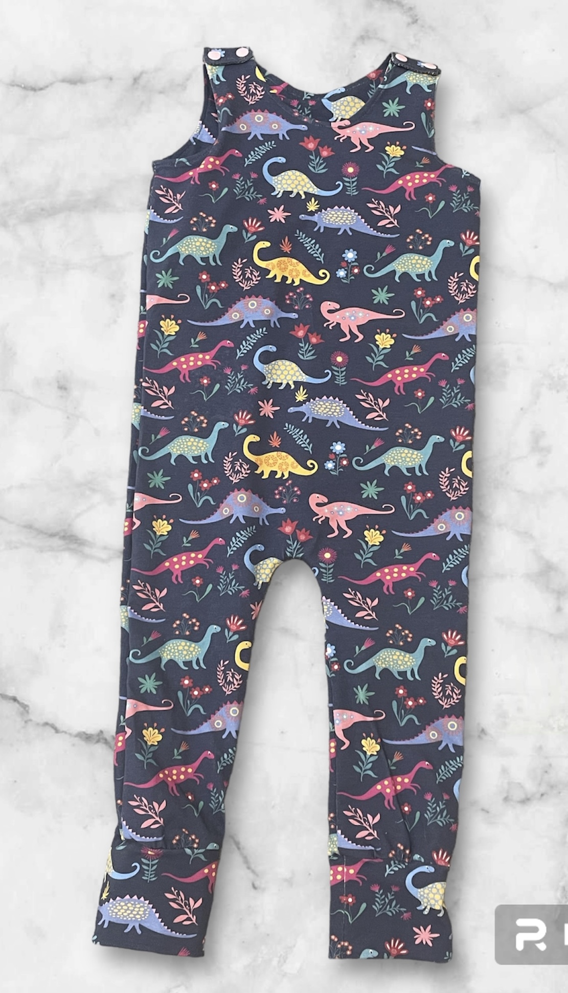 Dinosaur romper, floral dinosaur romper, colourful dinosaur clothing